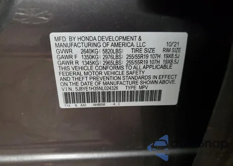 2022 Acura Mdx z USA, uszkodzony, nr VIN 5J8YE1H35NL024326